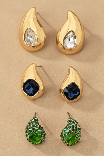Cara Trio Teardrop Earrings Set with Rhinestones