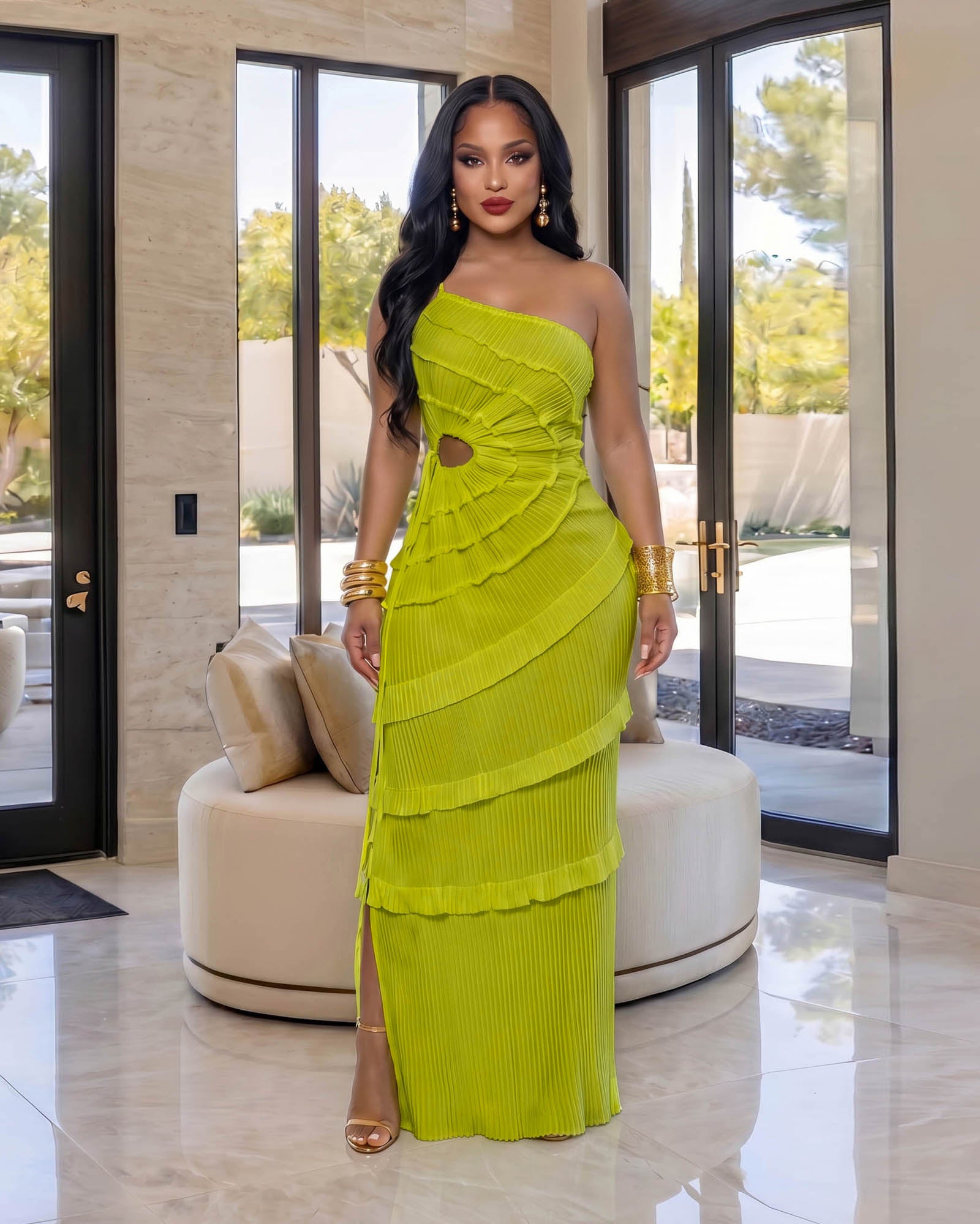 Milano Chartreuse Accordion Maxi Dress – Chic Couture Online
