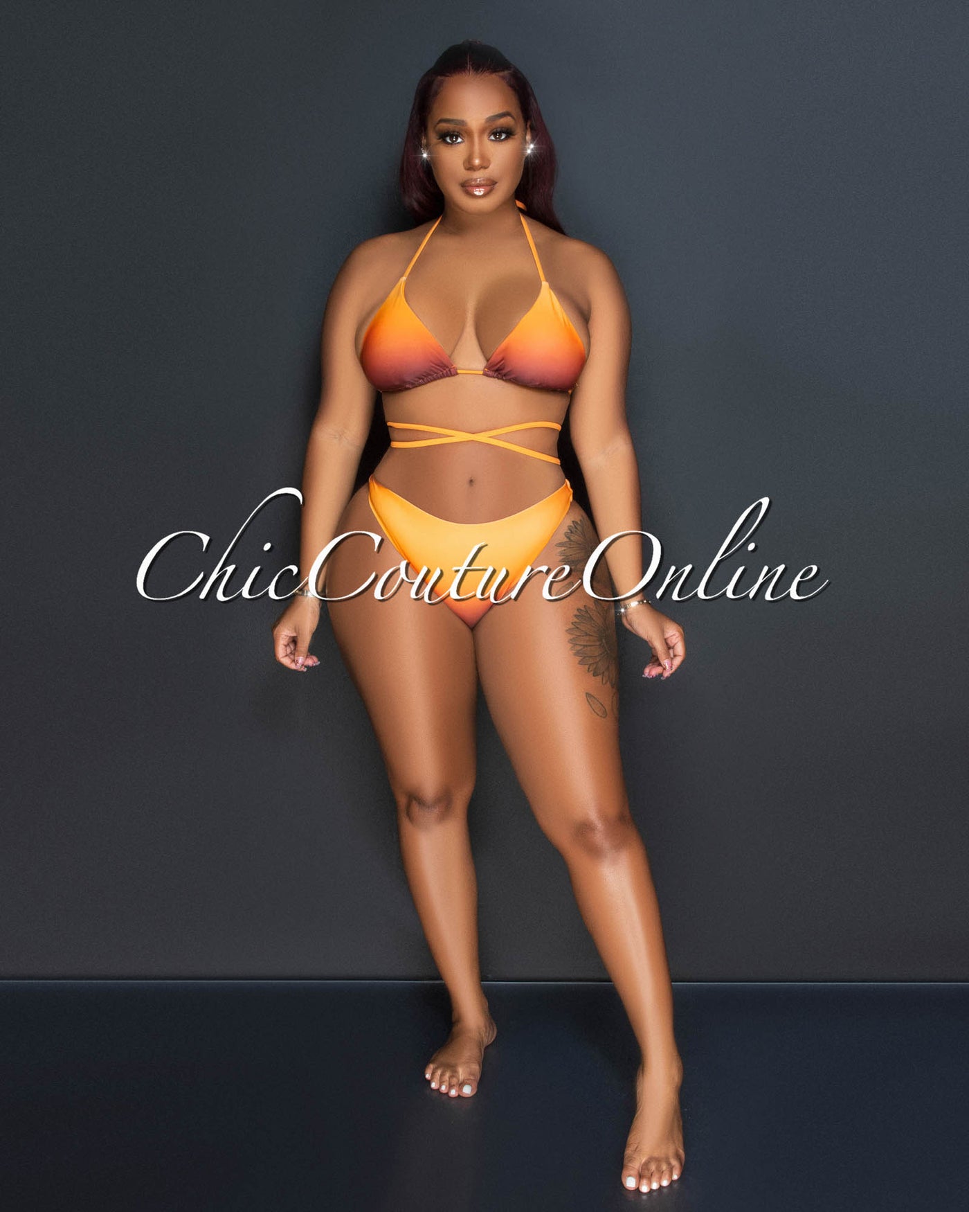 Tangela Orange Brown Strapy Cover-Up Three Piece Swimsuit Set