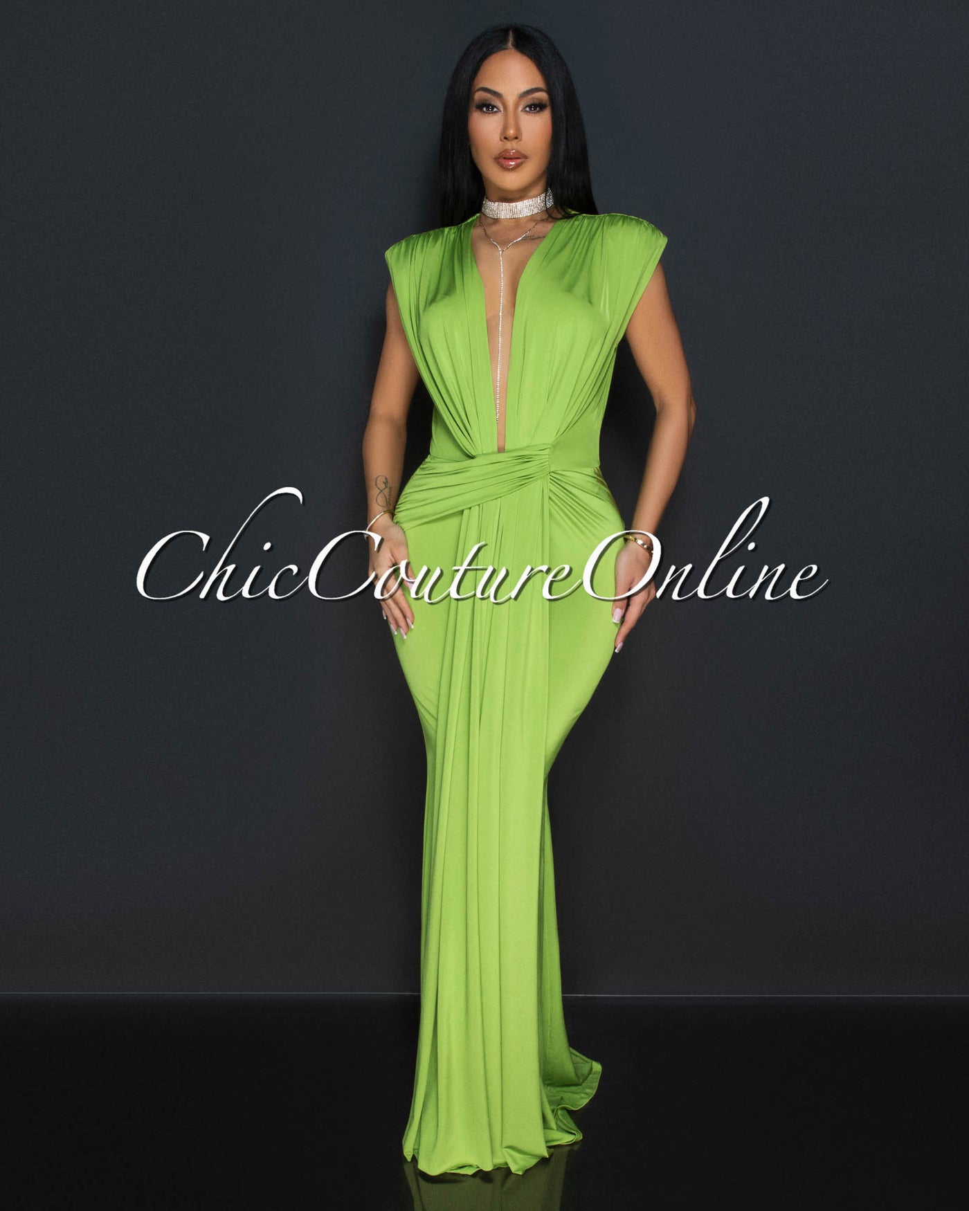 Alea Lime Green Sleeveless Deep V Neck Maxi Dress