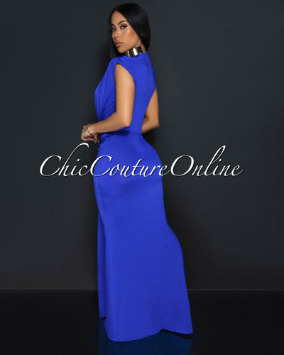 Alea Royal Blue Sleeveless Deep V Neck Maxi Dress