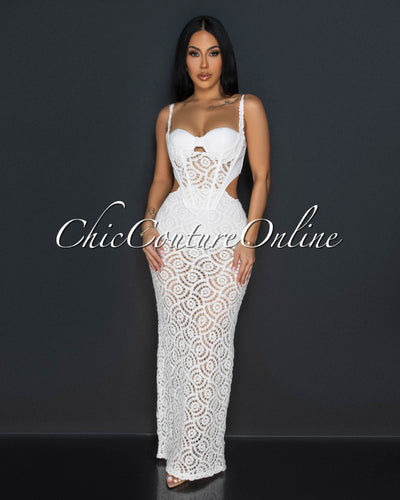 Melora Off-White Bustier Cut-Out Crochet Maxi Dress