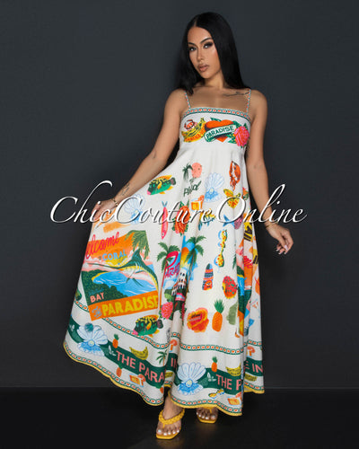 Liora Cream Multi Tropical Spaghetti Strap Maxi Dress