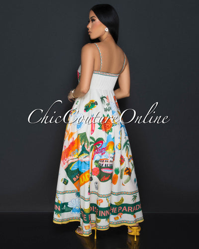 Liora Cream Multi Tropical Spaghetti Strap Maxi Dress