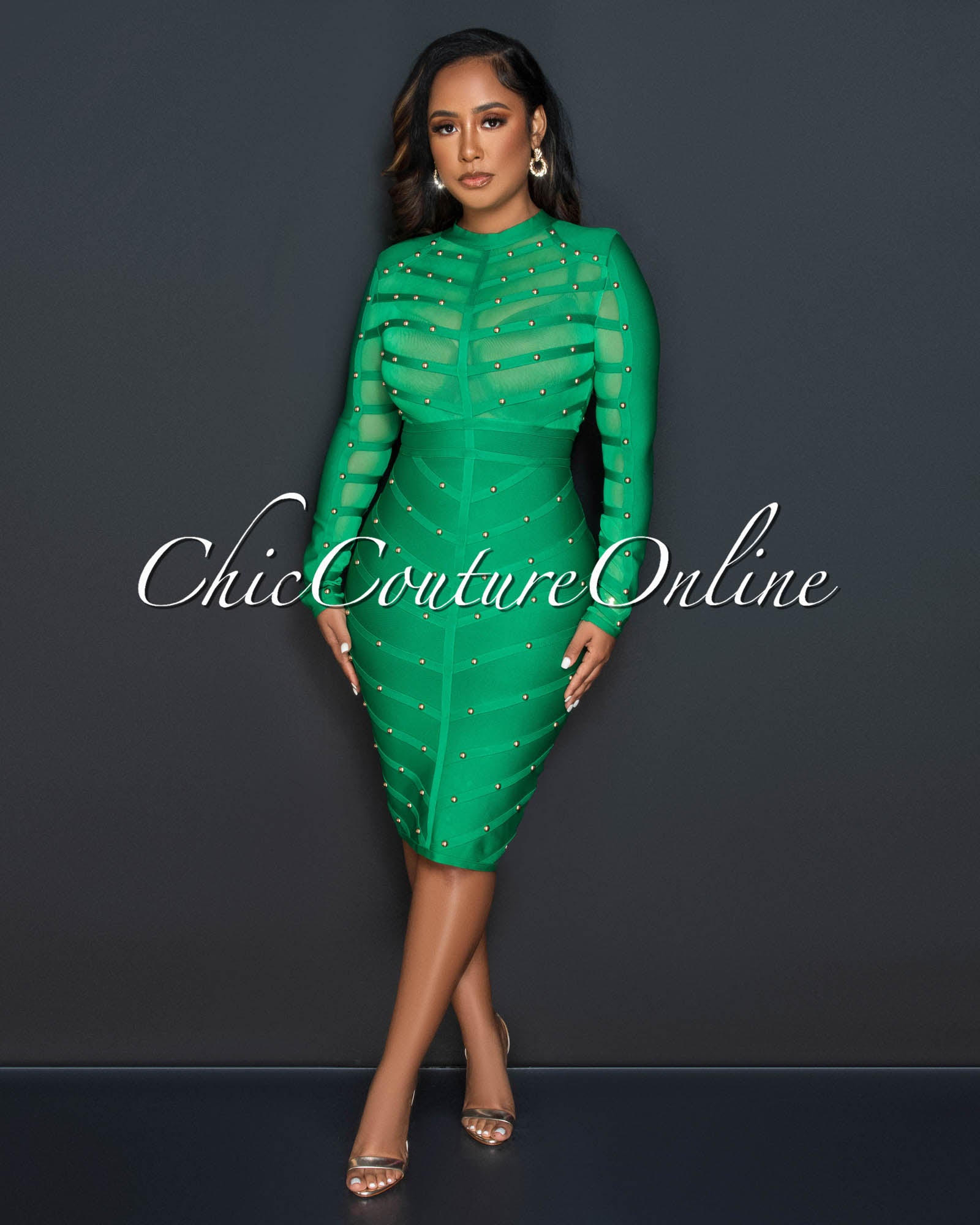 Lexey Green Mesh Bust Gold Studs Bandage Midi Dress Chic Couture Online