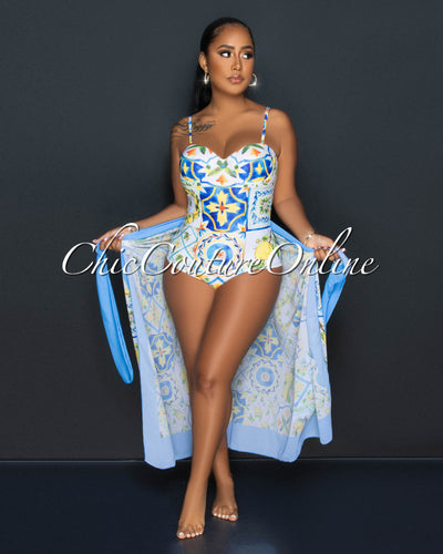 Jimma White Baby Blue Print Swimsuit & Cover Up Set