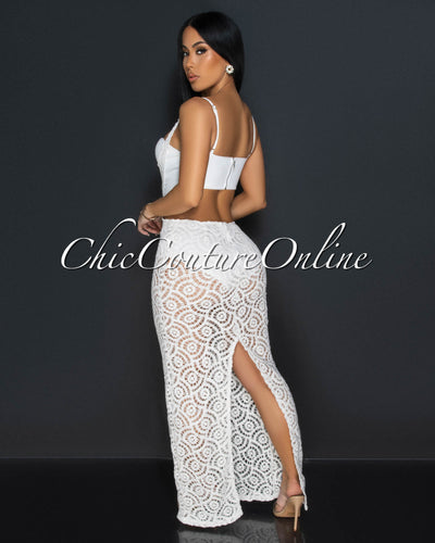 Melora Off-White Bustier Cut-Out Crochet Maxi Dress