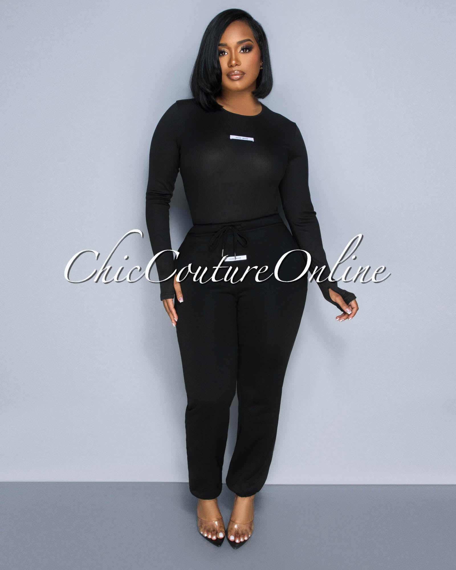 Justina Black Ribbed Bodysuit & Sweatpants Set