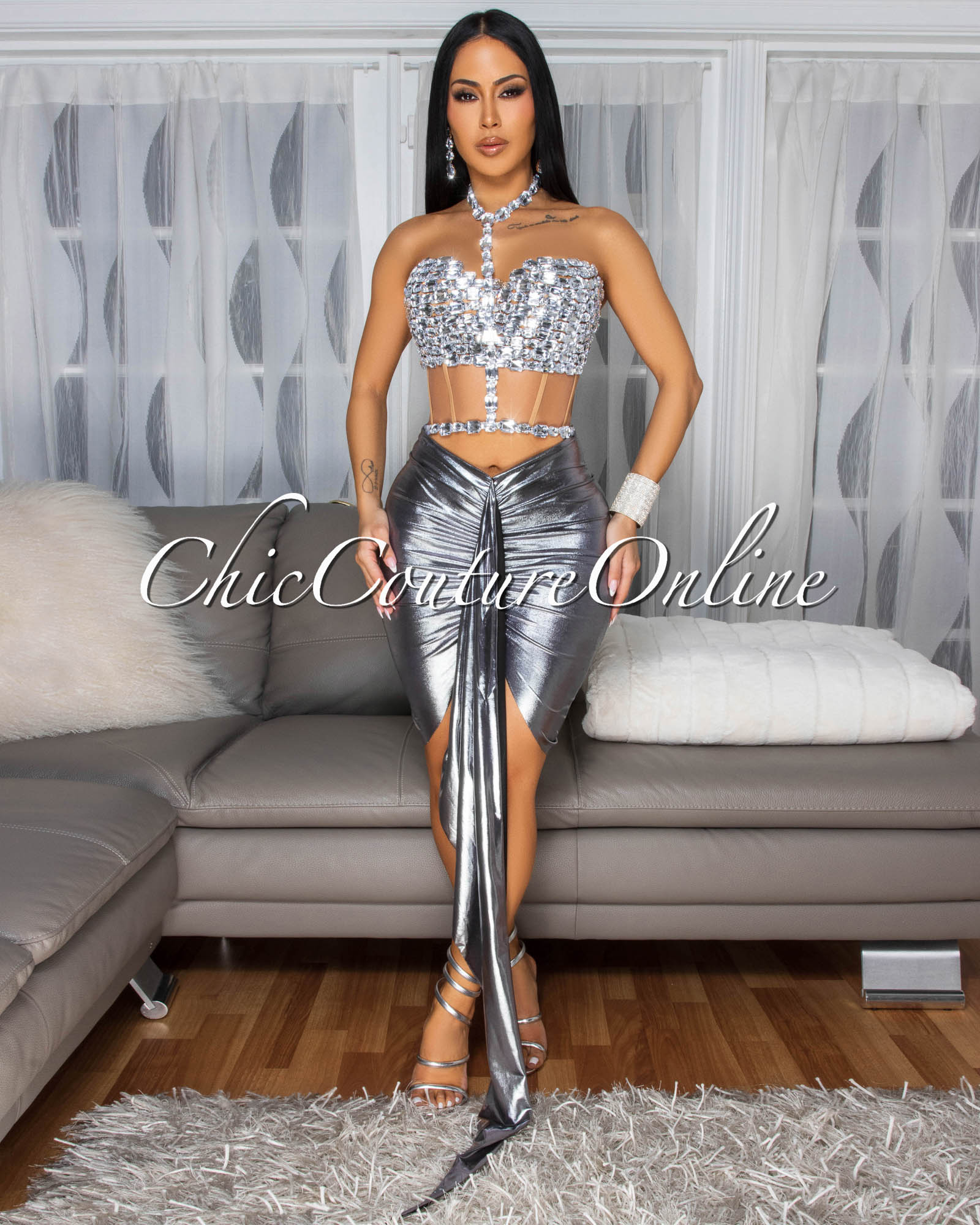 Kaeli Silver Rhinestones Bustier & Draped Skirt Set – Chic Couture