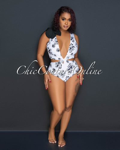 Irma White Black Print Cut-Out Swimsuit & Cover Up Set