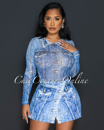 Elida Blue Denim Print Bodysuit & Skort Set