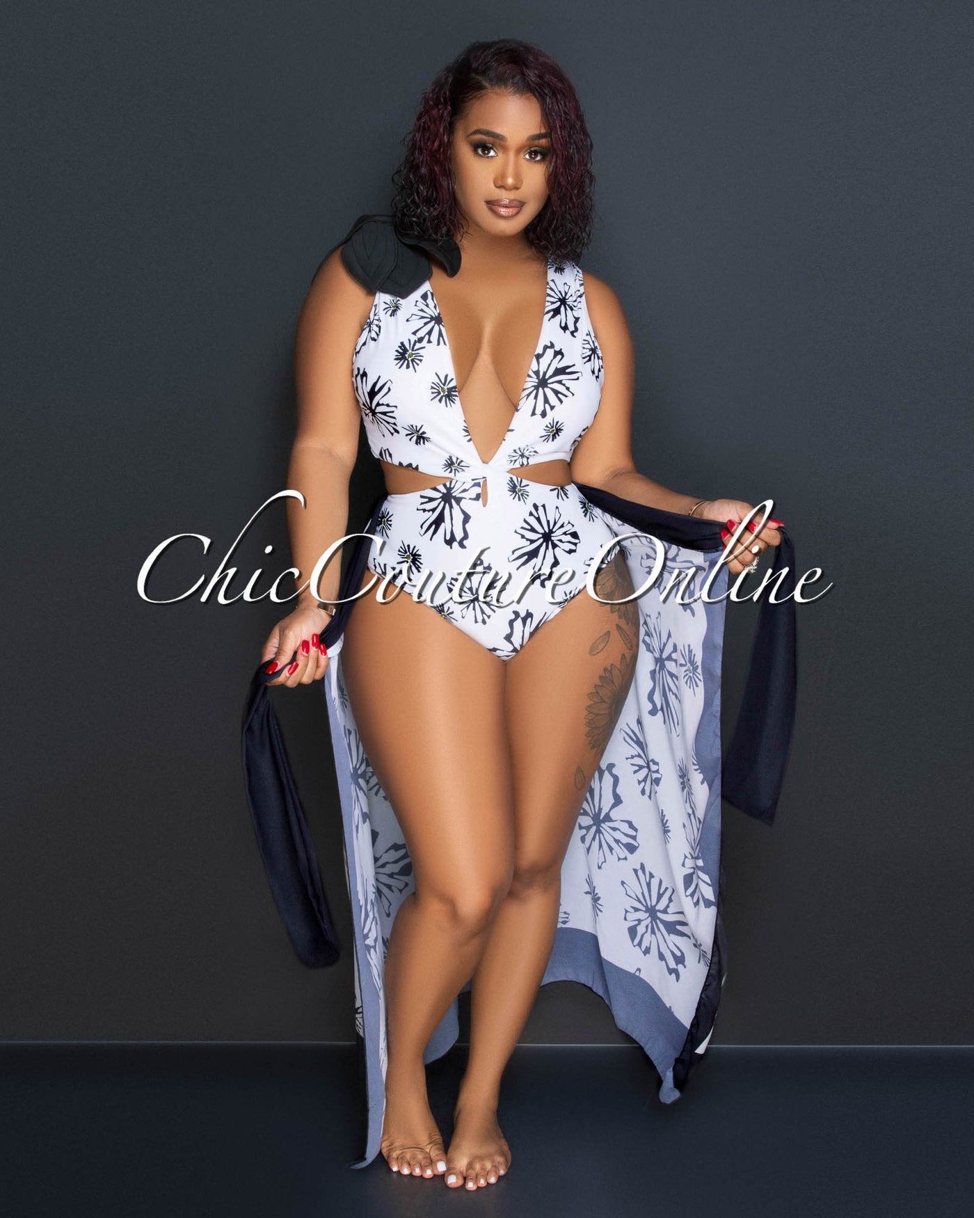 Irma White Black Print Cut-Out Swimsuit & Cover Up Set