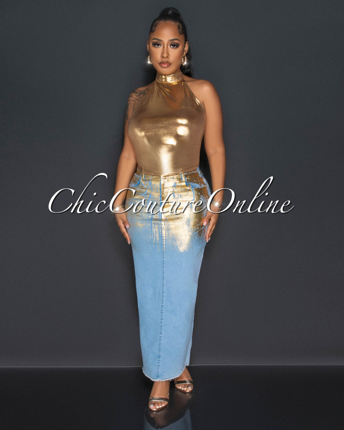 Dice Gold Halter Top & Light Denim Gold Foil Skirt Set