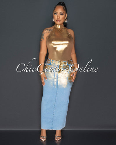 Dice Gold Halter Top & Light Denim Gold Foil Skirt Set