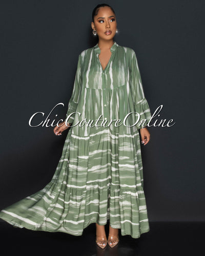 Johar Olive Nude Print Ruffle Hem Maxi Dress