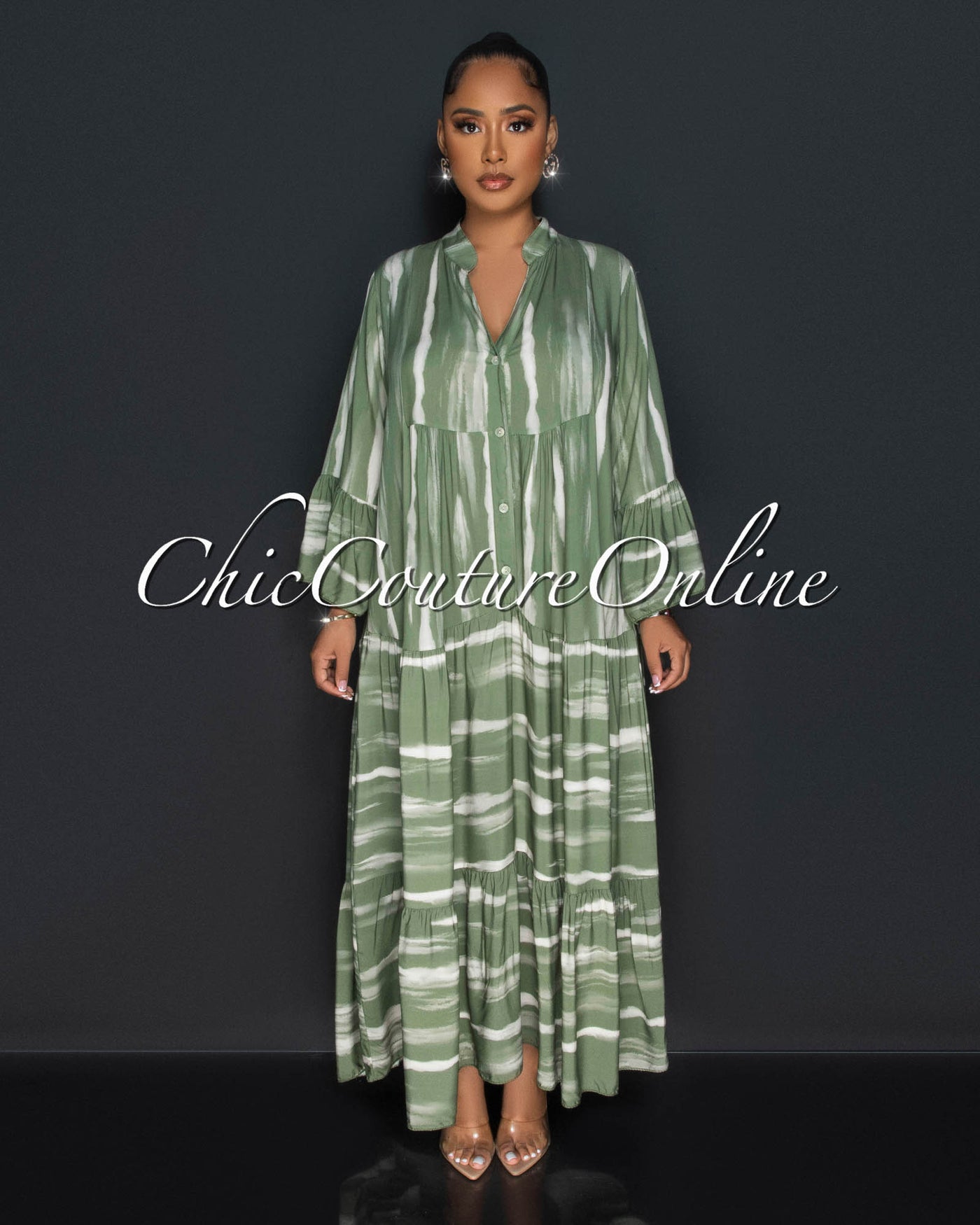 Johar Olive Nude Print Ruffle Hem Maxi Dress