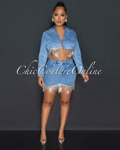 Brianna Light Denim Rhinestones Crop Blazer & Skirt Set