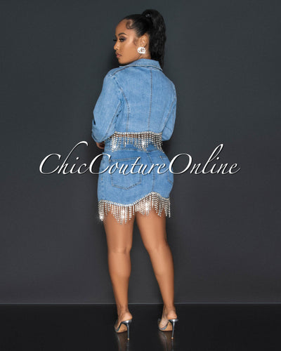 Brianna Light Denim Rhinestones Crop Blazer & Skirt Set