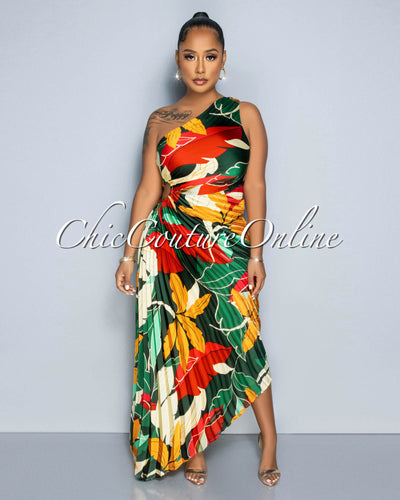 Hadley Green Multi-Color Print Pleated Single Shoulder Maxi Dress