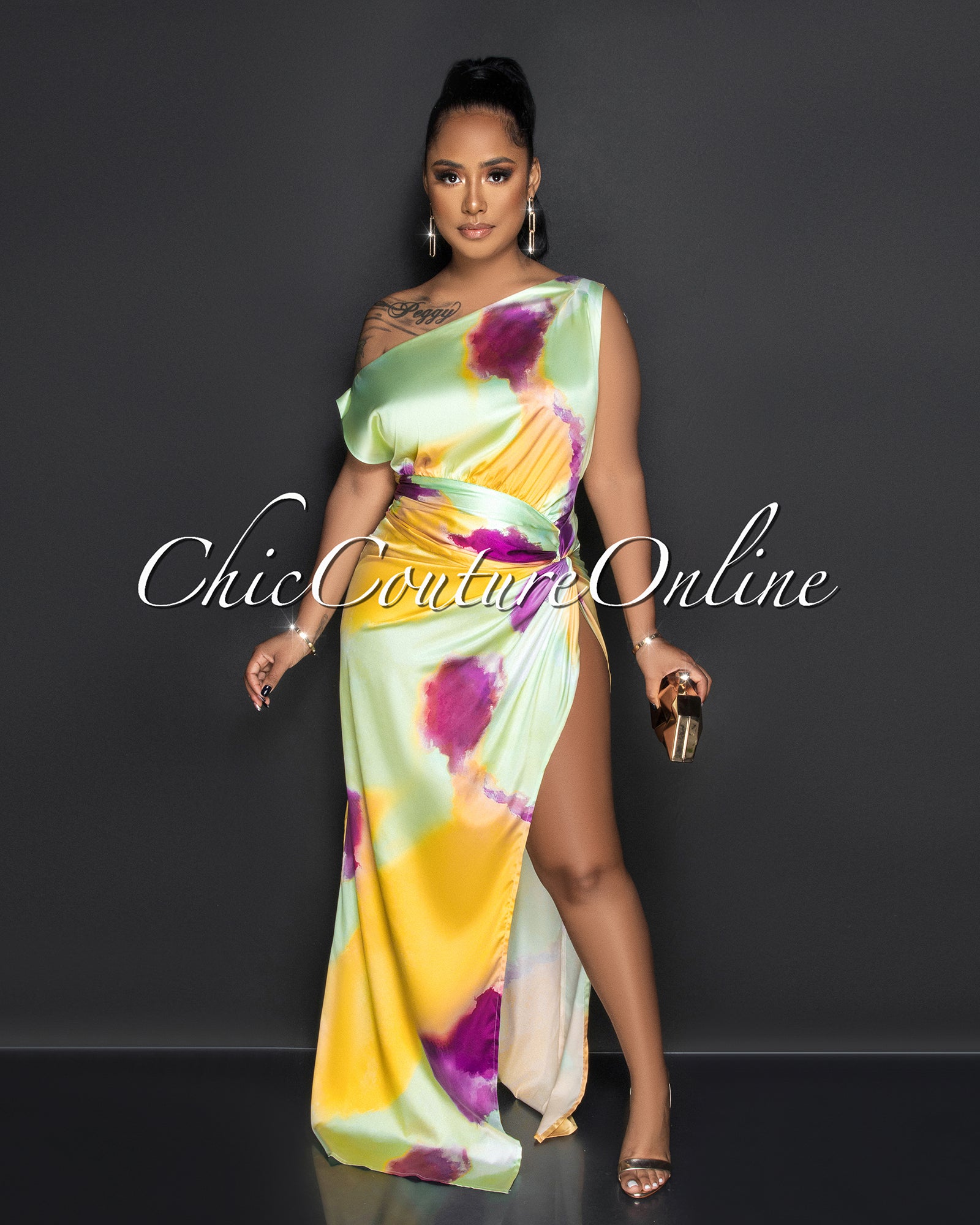 Tayanna Baby Green Watercolor Print High Slit Silky Maxi Dress Chic