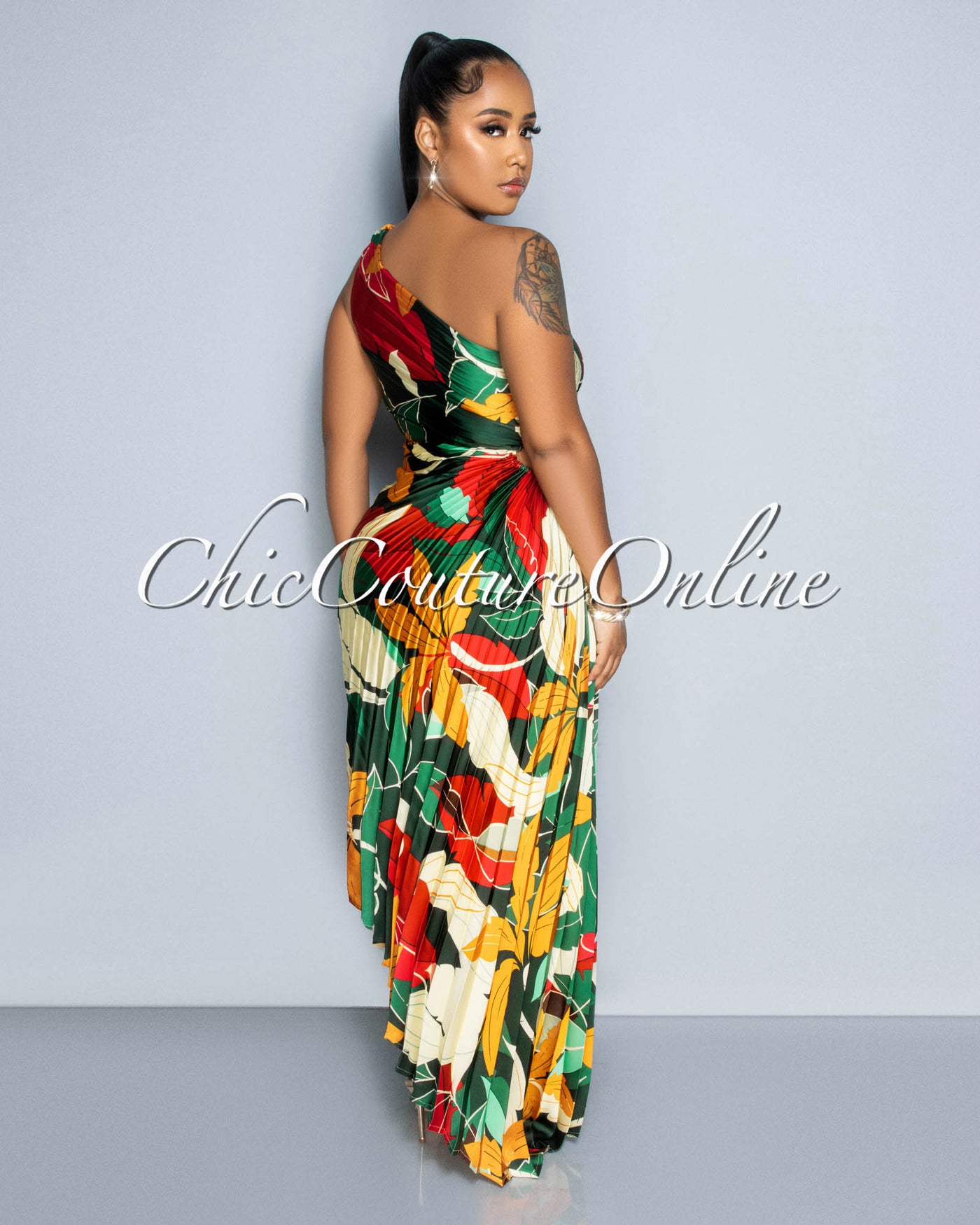 Hadley Green Multi-Color Print Pleated Single Shoulder Maxi Dress