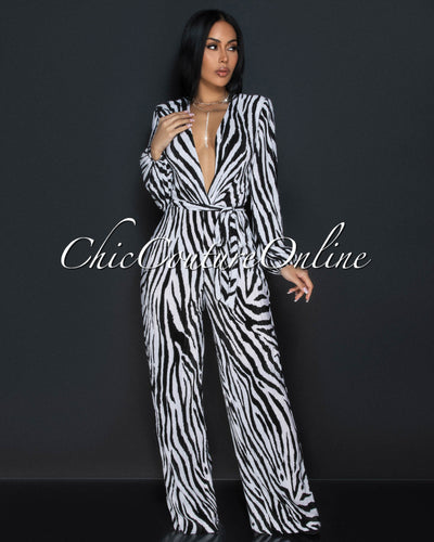 Jalia Black White Zebra Print Deep V-Neck Jumpsuit