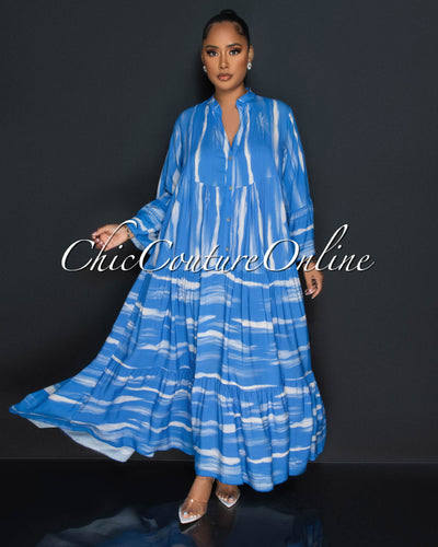 Johar Blue Ivory Print Ruffle Hem Maxi Dress