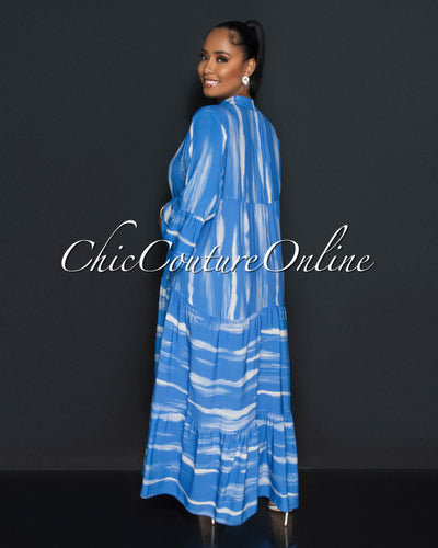 Johar Blue Ivory Print Ruffle Hem Maxi Dress