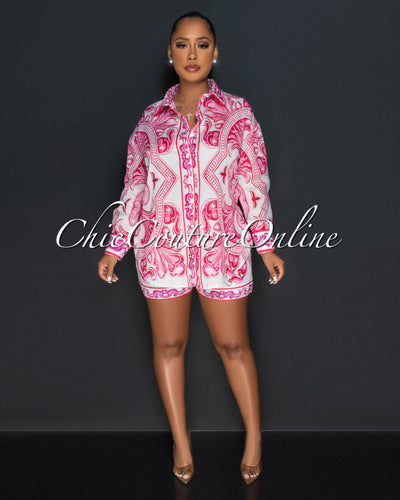 Calora White Pink Print Blouse & Shorts Set