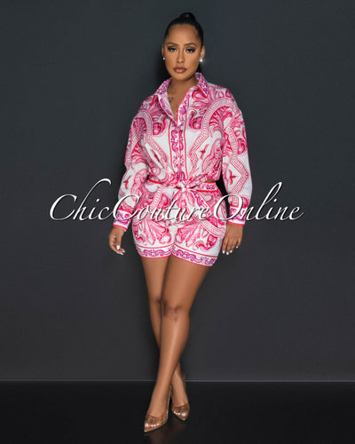 Calora White Pink Print Blouse & Shorts Set