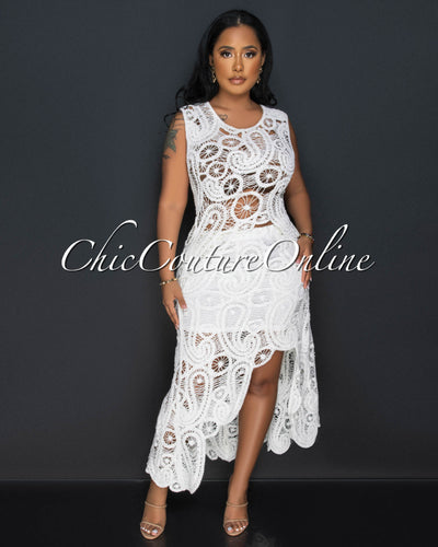Selma Off-White Crochet Uneven Top & Skirt Set