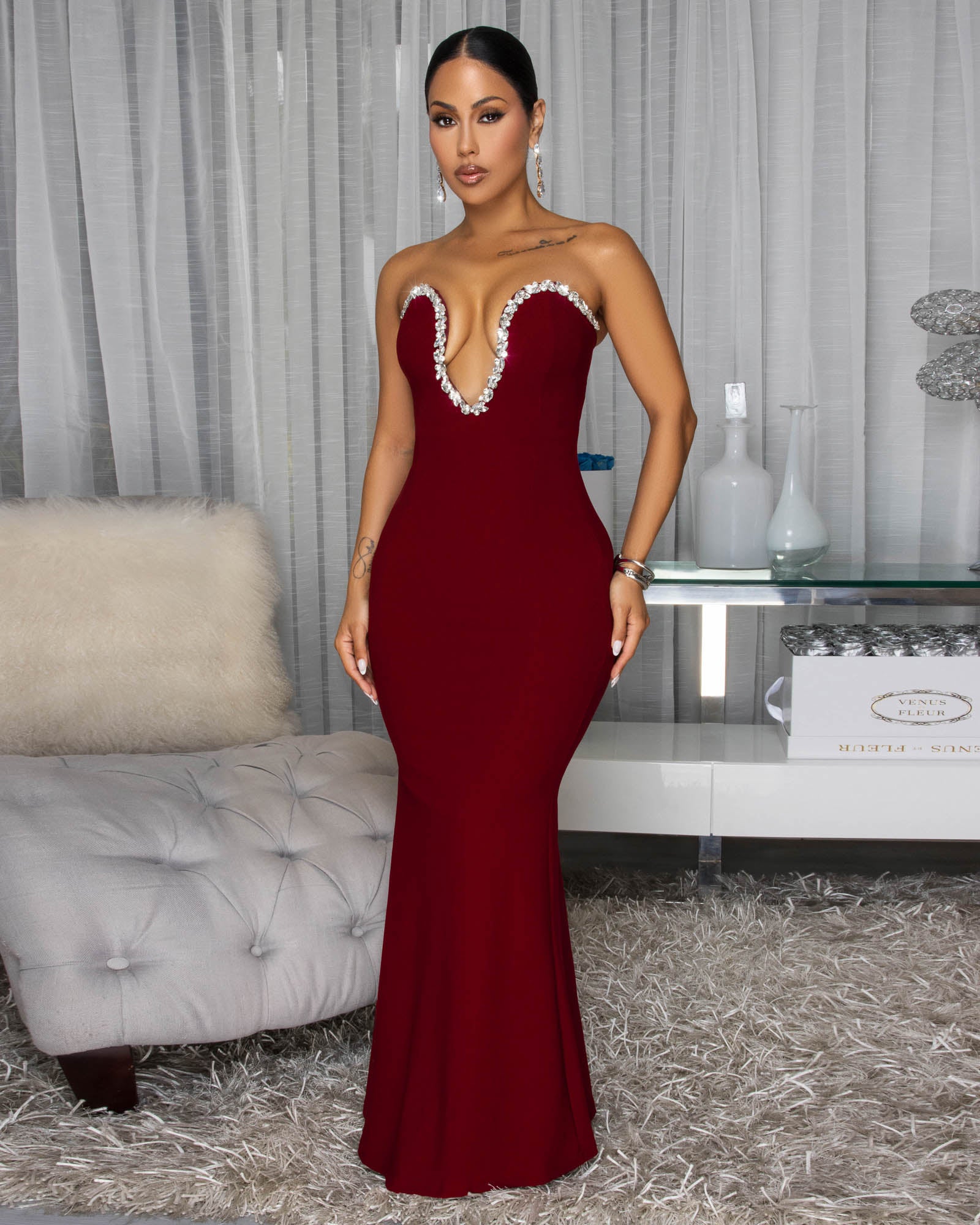 Polly Wine Red Rhinestones Low Cut Maxi Dress – Chic Couture Online