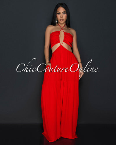 Olea Red Halter Cut-Out Widelegs Jumpsuit