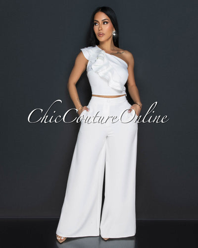 Palila Off-White One Shoulder Ruffle Crop Top & Wide Pants Set