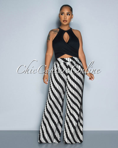 Connie Black White Print Pleated Wide Pants