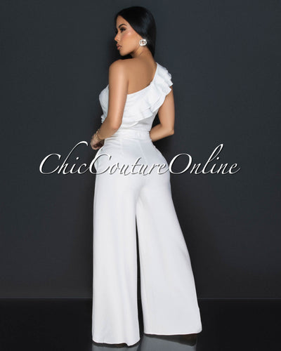 Palila Off-White One Shoulder Ruffle Crop Top & Wide Pants Set