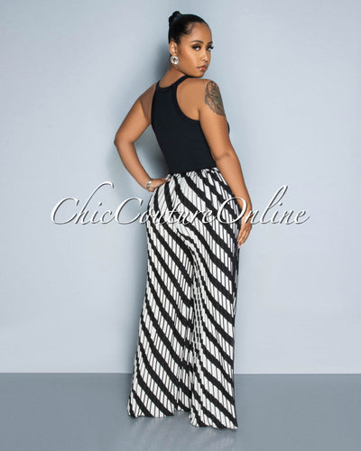 Connie Black White Print Pleated Wide Pants