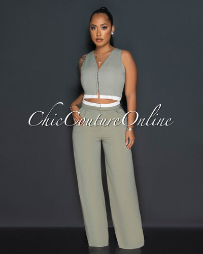 Everly Olive Green White Trim Top & Wide Pants Set