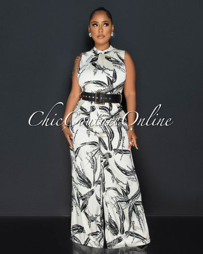 Adra Black Off-White Print Belted Silky Jumpsuit