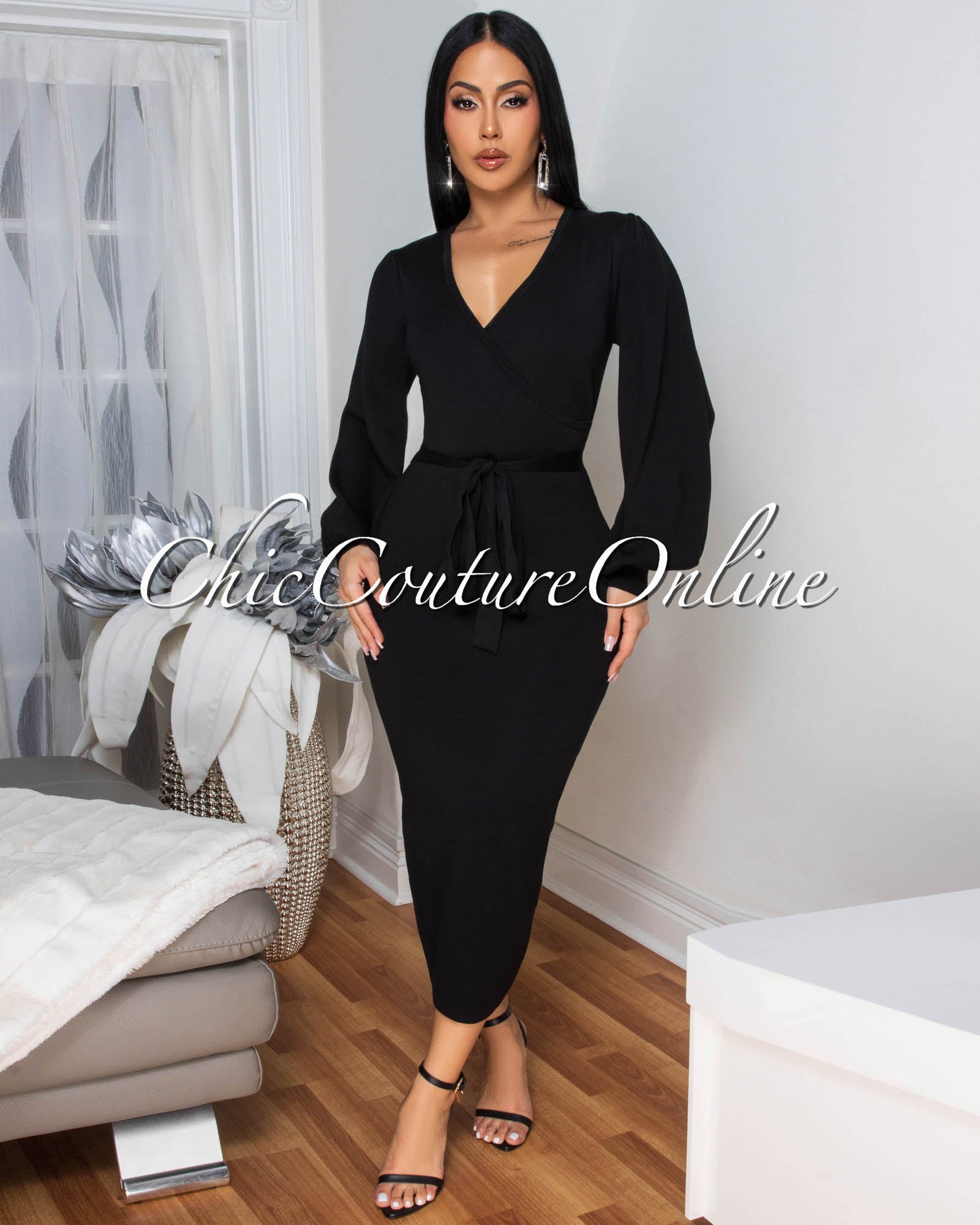 Cider Black Faux Wrap Knit Midi Dress – Chic Couture Online
