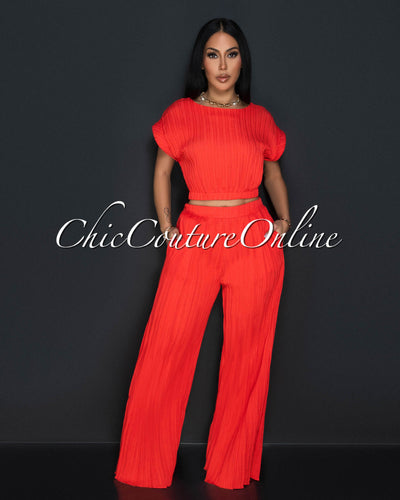 Gena Orange Crop Top & Wide Pants Textured Set