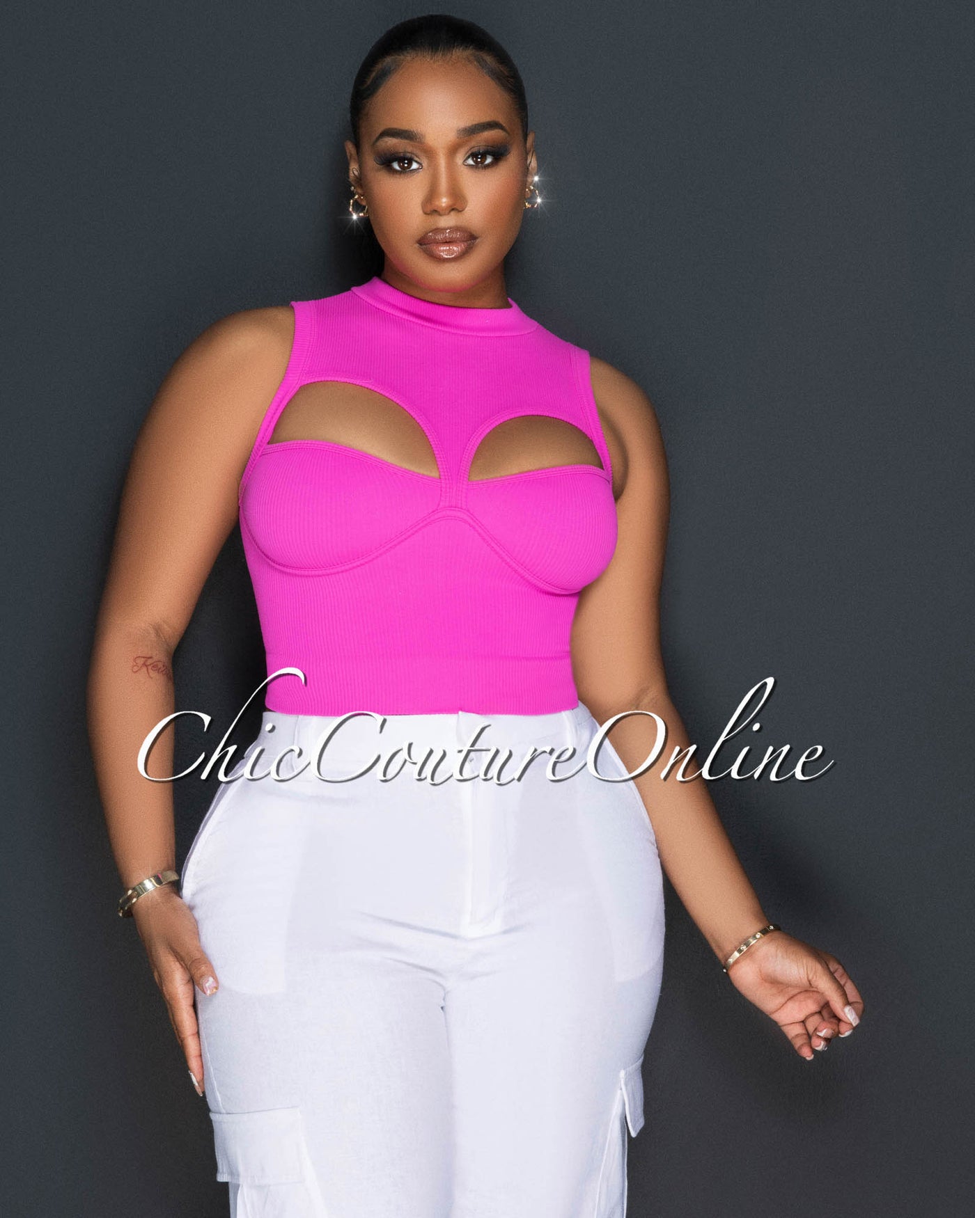 Ginette Neon Pink Bust Key-Holes Ribbed Crop Top