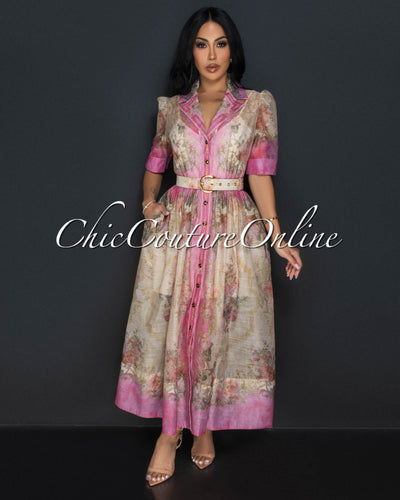Rayne Pink Nude Floral Print Belted Maxi Dress