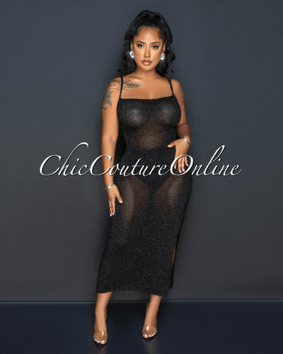 Deany Black Shimmer Lace-Up Back Crochet Maxi Dress