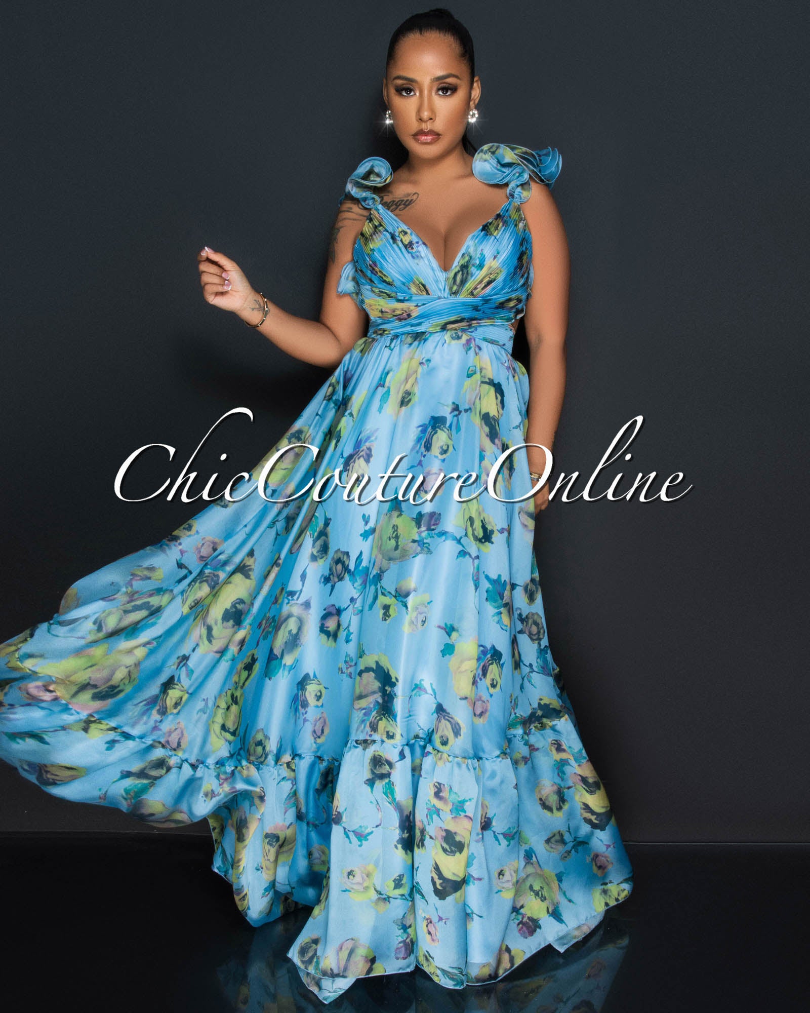 Anderson Blue Floral Print Drape Ruffle Maxi Dress – Chic Couture