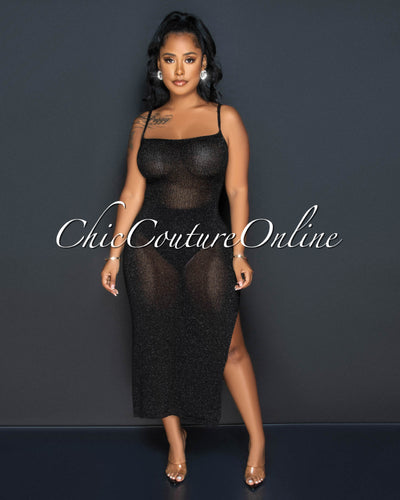 Deany Black Shimmer Lace-Up Back Crochet Maxi Dress