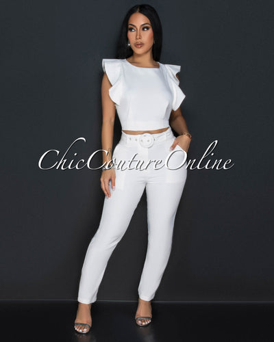 Noni White Ruffle Crop Top & Belted Pants Set