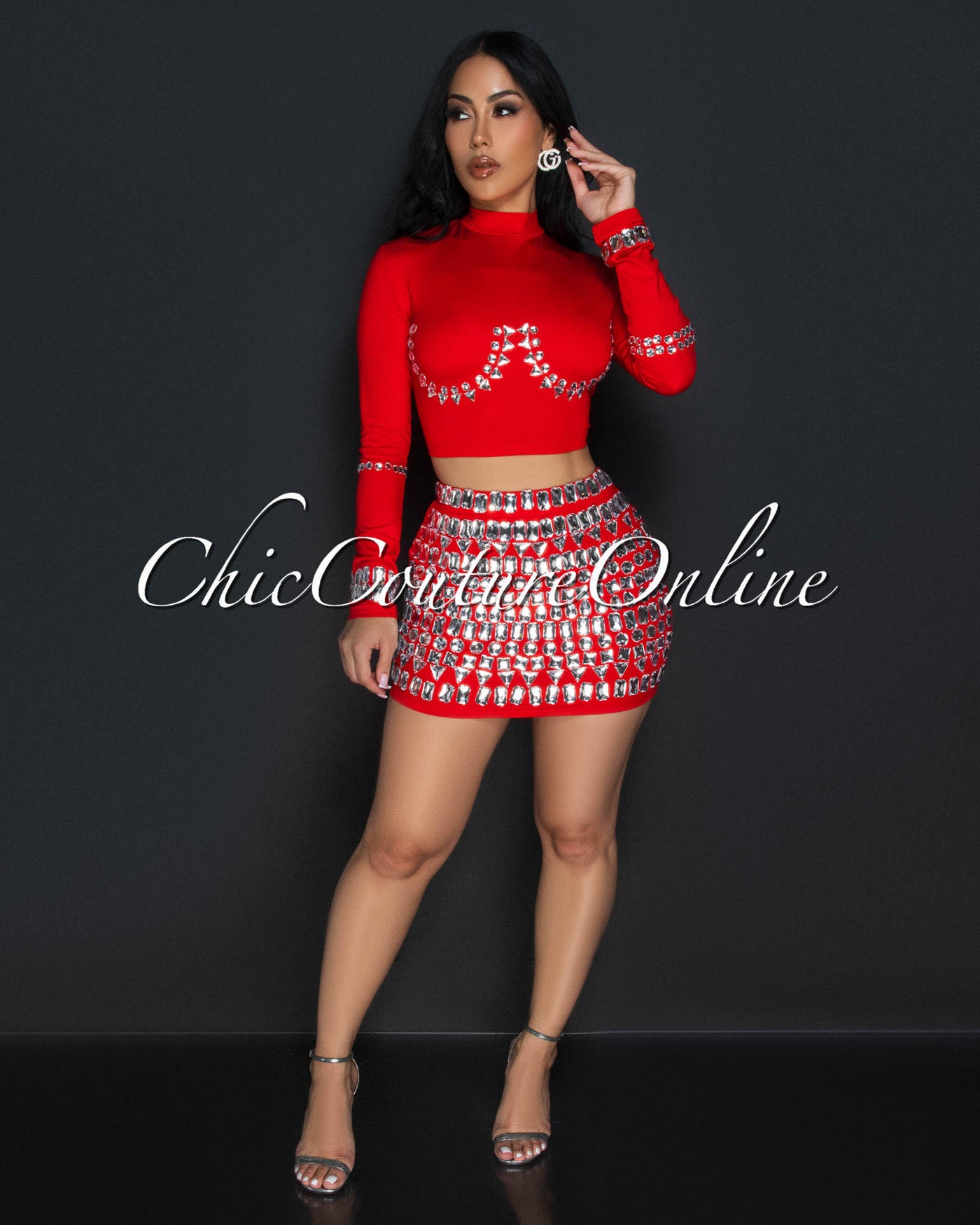 Birka Red Rhinestones Crop Top & Mini Skirt Set