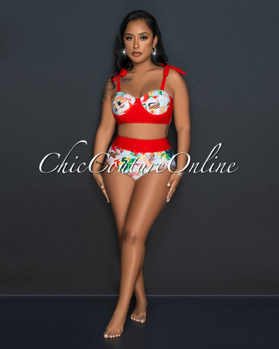 Lanee Red Multi-Color Print Top/Bikini & Cover Up 3 Piece Set Swimsuit