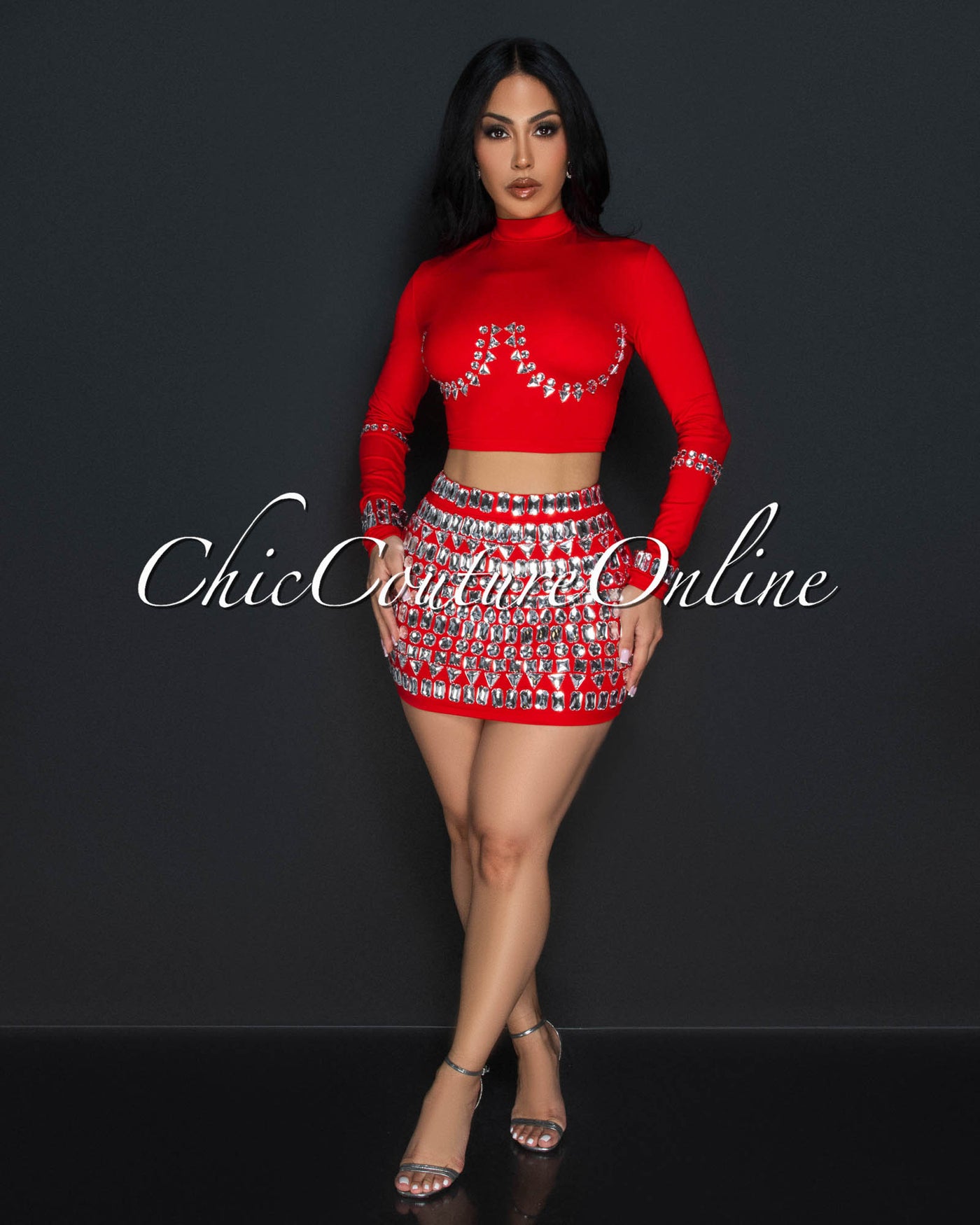 Birka Red Rhinestones Crop Top & Mini Skirt Set